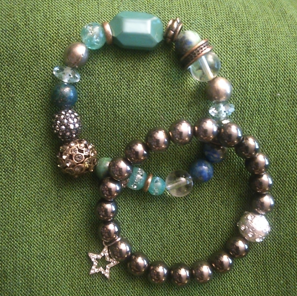 Beaded Stretch Bracelets Lot Teal Mixed Media and Faux Hematite